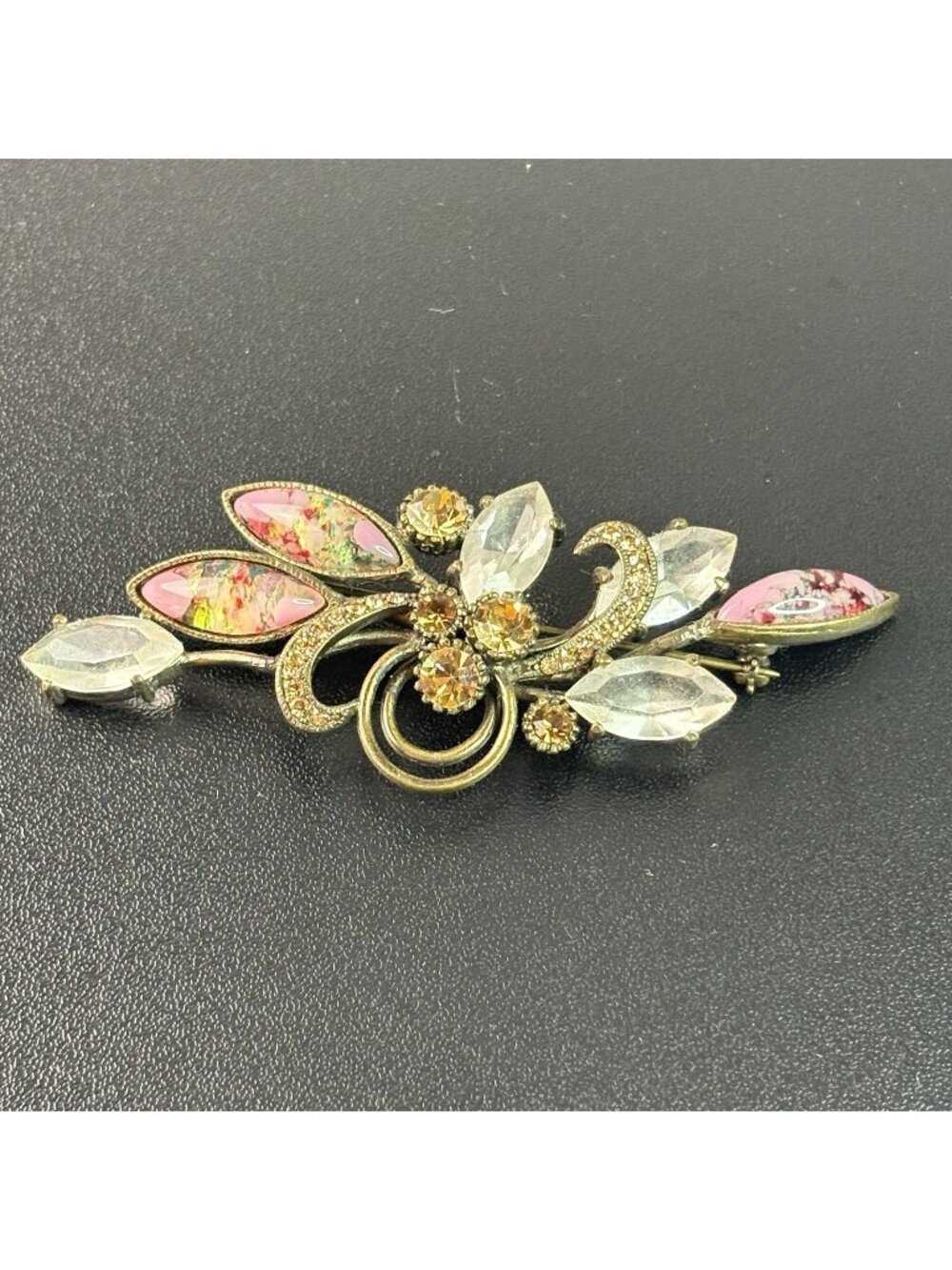 Vintage Floral Spray Brooch Pin Pink Marbled Glass Leaves Yellow Rhinestone 3.5"